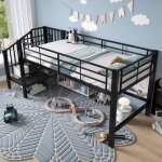Lit mezzanine 90 x 200 cm pour enfant avec escalier, lit mi - hauteur avec barri�re de s�curit�, cadre ...