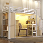 Lit mezzanine 90 x 200 cm - structure en fer - avec bureau + compartiments de rangement - avec bande ...