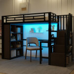 Lit mezzanine 90 x 200 cm - structure en fer - avec bureau + compartiments de rangement - avec bande ...