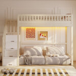 Lit mezzanine 90x200 cm bois pin naturel, �chelle s�curit� r�versible, barri�res, �clairage led, pour ...