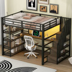 Lit mezzanine adulte 140x200 cm, lit enfant 2 places avec bureau, led, usb, �tag�res, m�tal noir