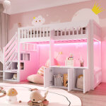 Lit mezzanine en bois 90x200cm - avec armoire - escalier de rangement - avec �clairage led - blanc (matelas ...