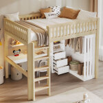 Lit mezzanine enfant 140x200 cm, lit adulte avec bureau, armoire, 3 tiroirs, pin naturel