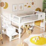 Lit mezzanine enfants 90 x 200 cm avec �chelle de rangement cadre en m�tal - blanc