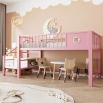 Lit mezzanine enfants 90 x 200 cm avec �chelle de rangement cadre en m�tal - rose