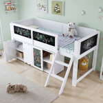 Lit mezzanine enfant 90x200 cm ? armoire 2 portes, tableau ardoise, �chelle inclin�e 2 marches, garde ...