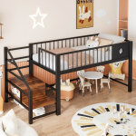 Lit mezzanine enfant 90x200 cm avec �chelle de rangement, mdf + m�tal, noir