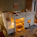 Lit mezzanine enfant 90x200 cm avec escalier de rangement, fen�tre, barri�re de s�curit�, sommier � lattes, ...