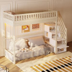 Lit mezzanine enfant 90x200 cm avec escalier rangement r�versible, garde - corps continu, led, bois naturel ...