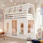 Lit mezzanine enfant 90x200cm avec led - barri�res de s�curit� et �chelle de rangement - mdf + bois massif ...