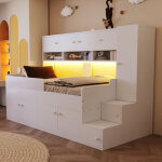 Lit mezzanine enfant led 90x200 cm avec rangements, armoire et �tag�res, bois blanc