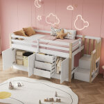 Lit mezzanine enfant mdf blanc 90x200 cm avec escalier, rangements, tiroirs et penderie, sommier inclus ...