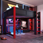 Lit mezzanine gaming 140x200 avec led & bureau, lit combin� avec armoire & grands tiroirs, design gamer ...