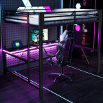 Lit mezzanine gaming 160x200 cm ? m�tal, �clairage led, station usb et bureau ? noir