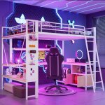 Lit mezzanine en m�tal 140 x 200 cm avec led bureau et usb lit double avec espace de rangement casiers ...