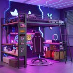 Lit mezzanine en m�tal 140 x 200 cm avec led bureau et usb lit double avec espace de rangement casiers ...