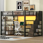 Lit mezzanine en m�tal 140x200cm - avec bureau et compartiments de rangement - avec led et port usb - ...