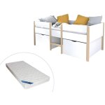 Lit mi - hauteur sissy - 2 tiroirs - 90 x 190 cm - blanc et chne + matelas