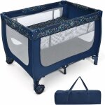 Goplus lit parapluie de bebe a double couche avec 2 roulettes + freins, berceau de bebe avec cotes en ...