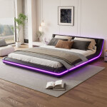 Lit plat 160x200 cm avec �clairage led d'ambiance, design japonais bas, similicuir (pu), noir