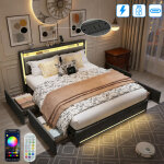 Lit rembourr� 140x190cm avec 4 tiroir - avec led r�glable et charge usb tpye c - lit coffre avec rangement ...