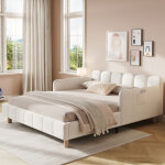 Lit rembourr� 140x200 cm avec barri�re de s�curit�, lit enfant avec t�te de lit capitonn�e et pieds bois ...
