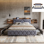 Lit rembourr� 160x200 cm avec sommier et 4 tiroirs - lit coffre avec rangement de chevet - port usb de ...