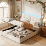 Lit rembourr� 160x200cm, lit coffre avec rangement hydraulique, t�te de lit capitonn� avec �clairage ...