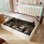 Lit rembourr�, lit coffre, sommier � lattes, lit double avec led, cadre de lit 160x200 cm, couvre - lit ...