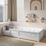 Lit simple 120x200 cm, pour enfant en bois massif de pin, lit � barreaux �toiles et lunes, lit caban, ...