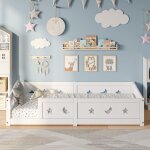 Lit simple 140x200 cm, pour enfant en bois massif de pin, lit � barreaux �toiles et lunes, lit caban, ...