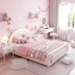 Lit simple 140x200 en forme de lapin, lit enfant fille style cartoon en velours, avec t�te de lit led, ...