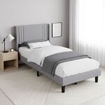 Lit simple 90x190 cm en lin, 1 place, avec t�te de lit, sommier � lattes en bois, style minimaliste moderne ...