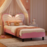 Lit simple 90x190cm - lit fille avec t�te de lit papillon r�glable et liseuses led - velours - rose