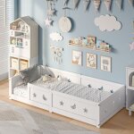 Lit simple 90x200 cm, pour enfant en bois massif de pin, lit � barreaux �toiles et lunes, lit caban, ...