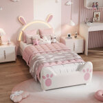 Lit simple 90x200 cm, lit enfant fille avec t�te de lit en forme de lapin, lit princesse avec �clairage ...