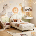 Lit simple 90x200 cm avec sommier � lattes en bois, lit enfant avec t�te de lit rembourr� r�glable, lit ...