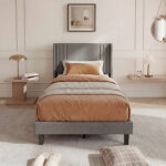 Lit simple 90x200 cm, lit 90x200 avec sommier, t�te de lit capitonn� en lin gris, convient aux adultes ...