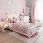 Lit simple 90x200 en forme de lapin, lit enfant fille style cartoon en velours, avec t�te de lit led, ...
