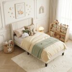 Lit simple enfant 90x190 cm, tissu en lin, t�te de lit c�tel�e, lattes en bois et cadre en m�tal, style ...