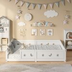 Lit simple enfant au sol 120 x 200 cm?avec sommier et barri�res de s�curit�?bois de pin massif?peintures ...