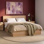 Lit avec sommier � lattes et t�te de lit 140 x 190cm + 4 tiroirs d�cor bois naturel - kuba