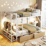 Lit superpos� 140�200 cm, lit double avec 2 tiroirs, �tag�res et led r�glable, sans matelas, en m�tal, ...