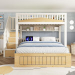 Lit superpos� 90x200 et 140x200 cm, avec meuble escalier, barri�res de s�curit� et port usb - c, blanc ...