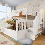 Lit superpos� 90x200 + 140x200 avec coffre hydraulique, escalier rangement, sans matelas, blanc