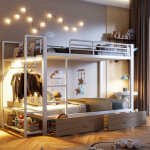 Lit superpos� 90x200 cm enfant avec led, 2 tiroirs, �tag�res et penderie int�gr�e, m�tal blanc