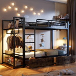 Lit superpos� 90x200 cm enfant avec led, 2 tiroirs, �tag�res et penderie int�gr�e, m�tal noir
