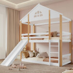 Lit superpos� cabane 90x200 cm avec fen�tres, toboggan, �chelle inclin�e 3 marches, barri�res de s�curit�, ...