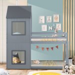 Lit superpos� cabane 90x200cm - en bois massif - avec 2 fen�tres - gris