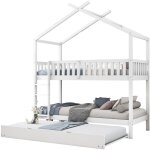Lit superpos� cabane en bois massif blanc 90x200 cm avec lit gigogne, transformable en 3 lits